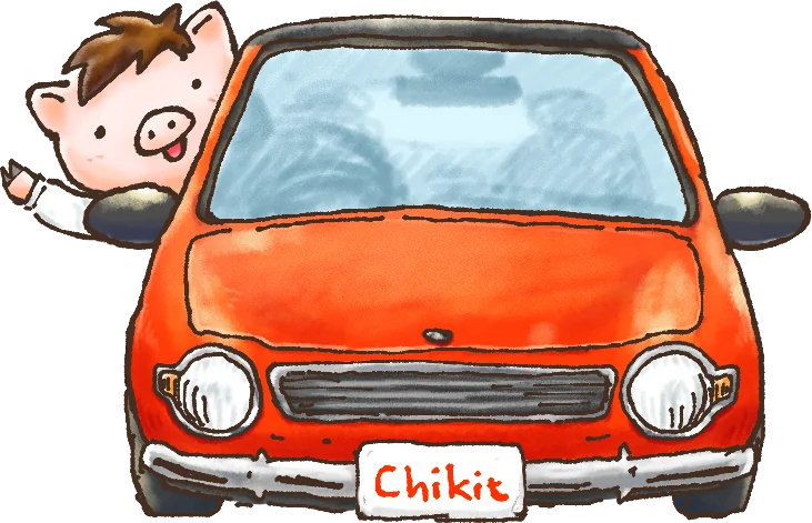 Chikitのキャラクターが車から顔を出しているイラスト